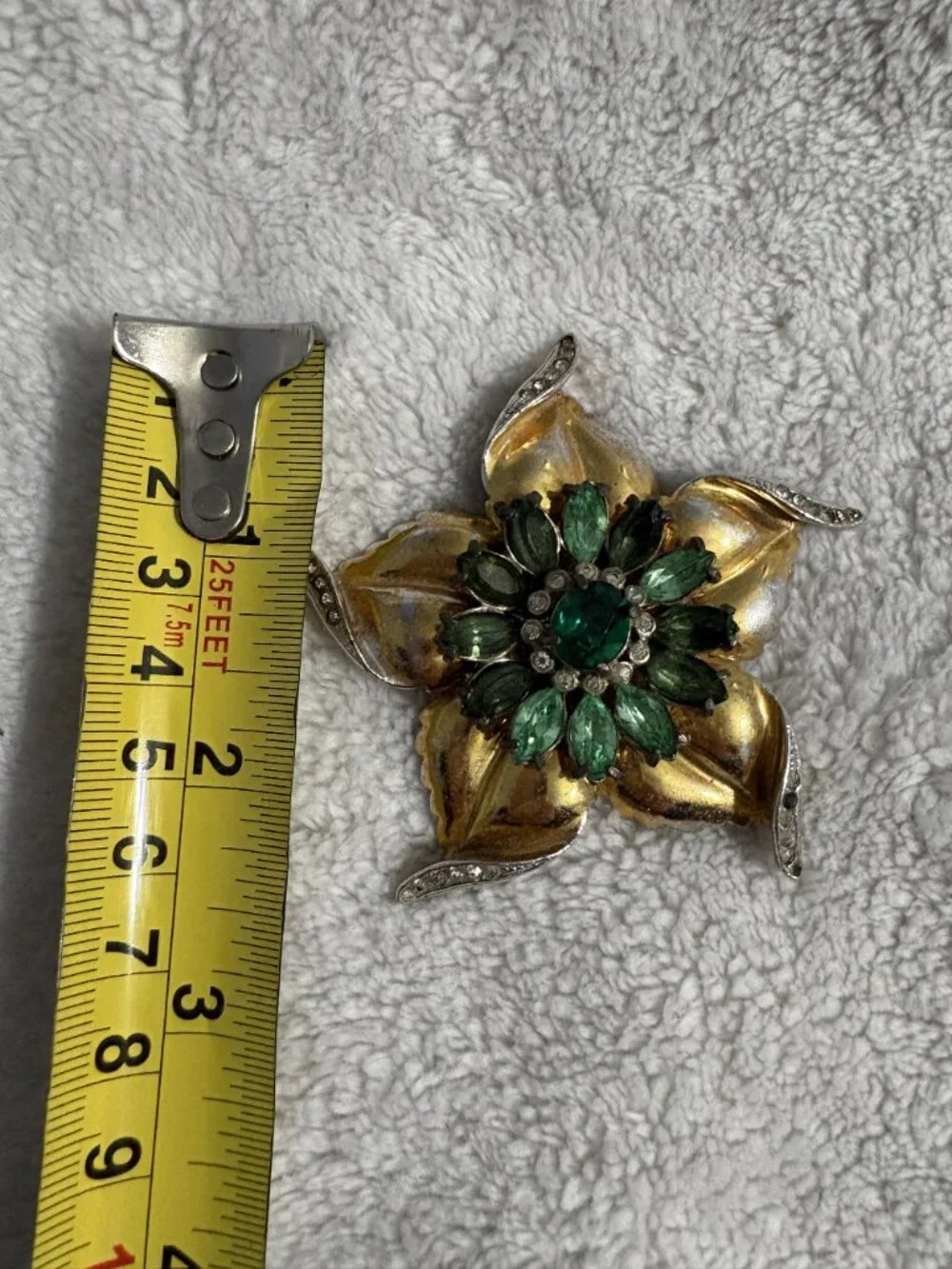 Vintage Mid Century Gold Tone Floral Brooch Green Marquise Rhinestone Flower Pin